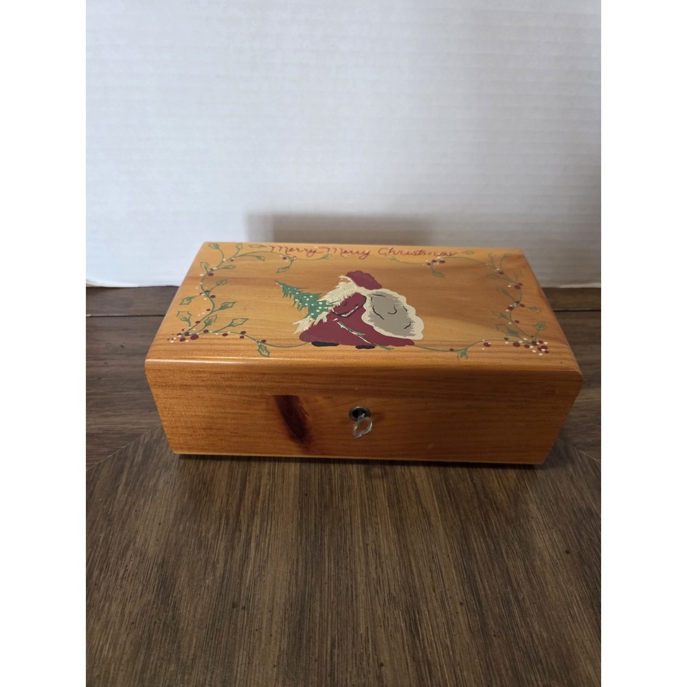 Lane Wooden Christmas Santa Trinket Box w/ Lid Key Lock, vintage, Cottagecore
